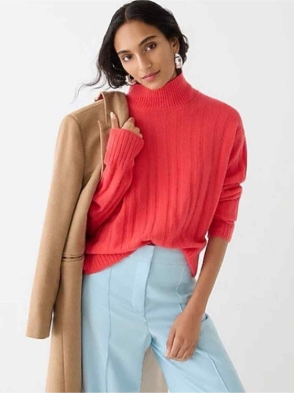 J Crew Women's Relaxed Fit Ribbed Mockneck Sweater in Softest Yarn Red Poppy L